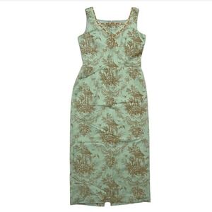Vintage Jessica Howard Linen Blend Floral Bird Print Midi Dress Aqua Size 8.D71